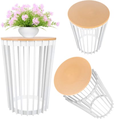 Aytre dubbelzijdige plantenstandaard 40 cm wit + blad van natuurlijk hout