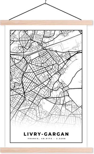 Posterhanger incl. Poster 40x60 cm - Schoolplaat - Livry-Gargan - Stadskaart - Frankrijk - Kaart - Plattegrond - Zwart wit - Textielposter - Blanke latten - Stadskaart