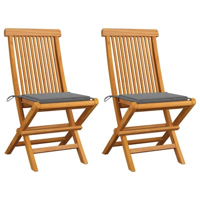 vidaXL - Opklapbare - stoelen - met - grijze - kussens, - 2 - stuks, - massief - teakhout