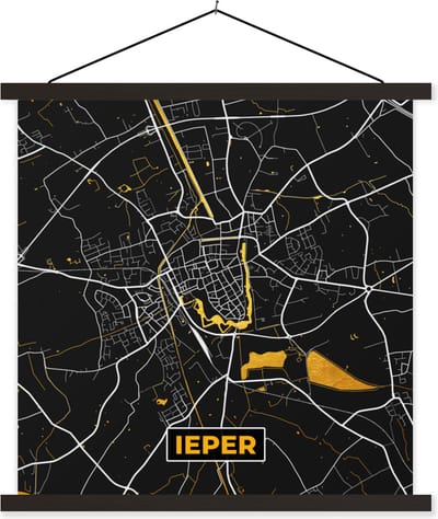 Posterhanger incl. Poster 60x60 cm - Schoolplaat - Kaart - Ieper - Stadskaart - Plattegrond - Goud - Textielposter - Zwarte latten - Stadskaart