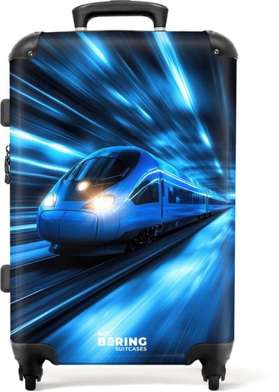 NoBoringSuitcases.com® - Kinderkoffer jongen - Kindertrolley jongens - Supersnelle trein in neonblauwe tunnel - Koffer kind groot - Rolkoffer lichtgewicht - Reiskoffer met 4 wielen - Grote trolley XL - 20 kg bagage