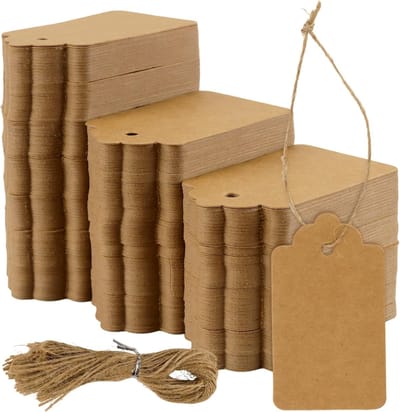 Lege Kraft Cadeau Labels met Touw, Bruin, 4x7 cm, 400 Stuks, Perfect voor Cadeaus, Prijsetiketten en Handgemaakte Projecten