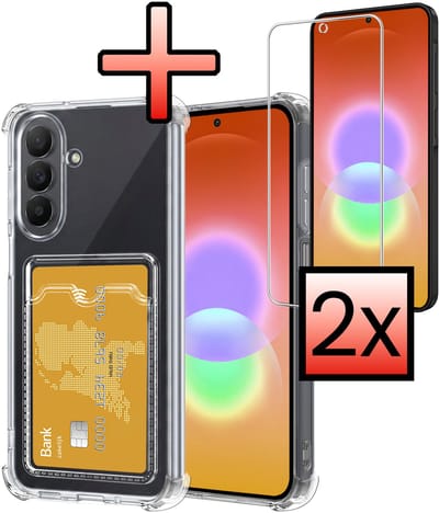 Hoesje - Geschikt voor Samsung Galaxy A27 - Met 2x Screenprotector - Pashouder - Kaarthouder - Telefoon Hoes Shockproof - Siliconen Case - Back Cover - Shock Proof - Pasjes Houder - Transparant