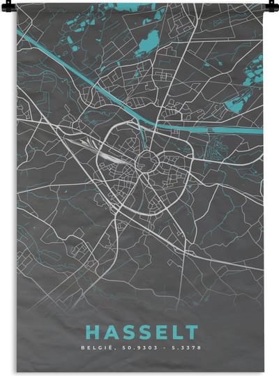 Wandkleed - Wanddoek - België – Hasselt – Stadskaart – Kaart – Blauw – Plattegrond - 120x180 cm - Wandtapijt