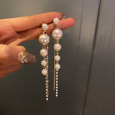 Boucles d'oreilles longues à franges en perles simulées boucles d'oreilles à clous luxe léger boucles d'oreilles personnalité élégante pour femmes brown
