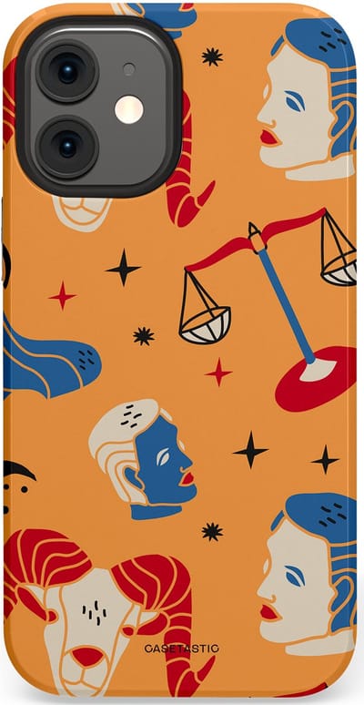 Casetastic hoesje geschikt voor Apple iPhone 12 Mini - Dubbellaagse bescherming - Zodiac in lijn - Fashion Case - Okergeel Terracotta Zand Rood