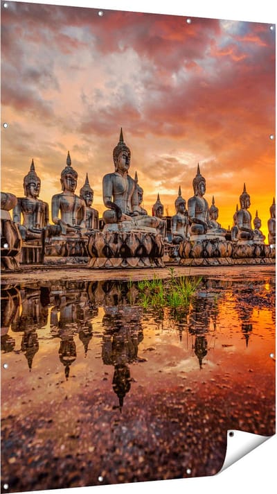 Gards Tuinposter Boeddha Beelden tijdens Zonsondergang - 120x180 cm - Tuindoek - Tuindecoratie - Wanddecoratie buiten - Tuinschilderij