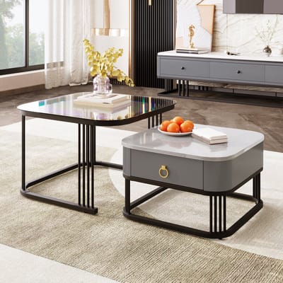Salontafelset 2-delig - Hoogglans Marmerlook en Glasblad - Laden - MDF Glas - Zwart