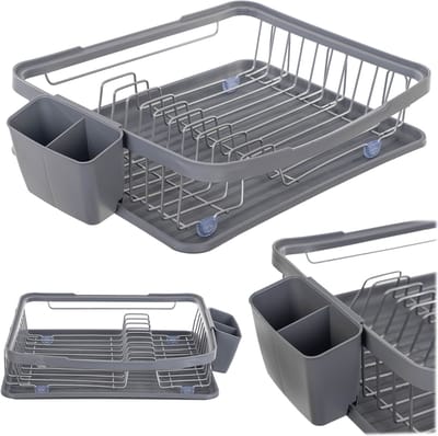 KADAX afdruiprek 33 x 43 x 12 cm, afdruiprek, afdruiprek met lekbak, bestekmand, vaatdroger (grijs)
