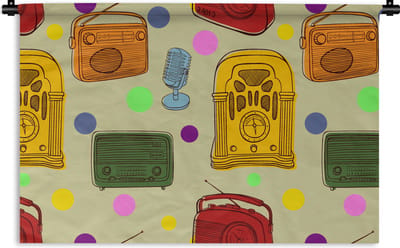 Wandkleed - Wanddoek - Vintage - Radio - Microfoon - Patroon - 90x60 cm - Wandtapijt