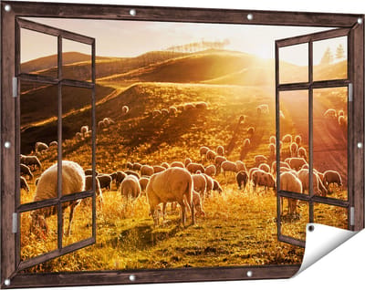 Gards Tuinposter Doorkijk Schapen in de Heuvels bij Zonsondergang - 120x80 cm - Tuindoek - Tuindecoratie - Wanddecoratie buiten - Tuinschilderij