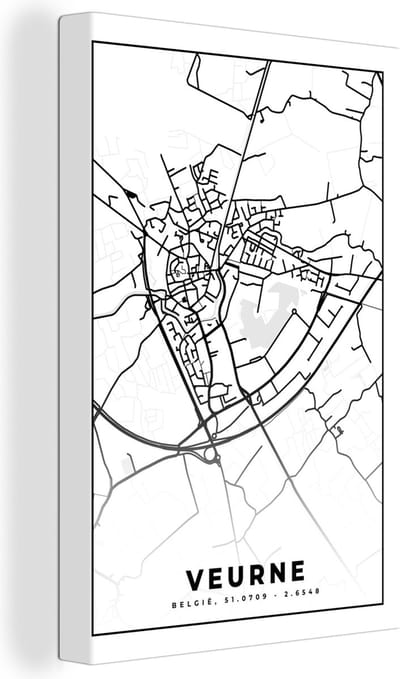 Canvas Schilderij België – Veurne – Stadskaart – Kaart – Zwart Wit – Plattegrond - 20x30 cm - Wanddecoratie