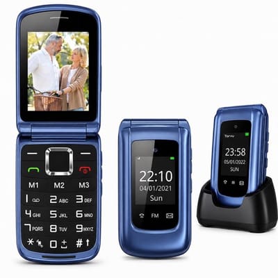 Yarvu - Flip 1 - 4G Senioren Mobiele Telefoon + Oplaadstation - Big Button GSM - Grote Toetsen & Cijfers - SOS Knop - Blauw