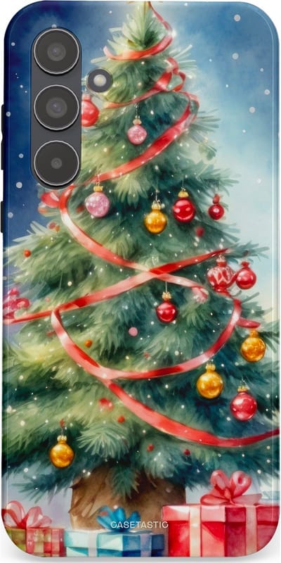Casetastic hoesje geschikt voor Samsung Galaxy A55 - Dubbellaagse bescherming - Aquarel Kerstboom Cadeau - Fashion Case - Grijs Donkerblauw Saliegroen Beige