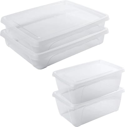 4x Voorraad/vershoudbakjes hoog/diep 1 en laag 1,5 liter transparant plastic/kunststof - 18 x 12 x 7 cm - 24 x 20 x 5 cm - Vienna - Vershouddoos bakje - Mealprep - Maaltijden bewaren