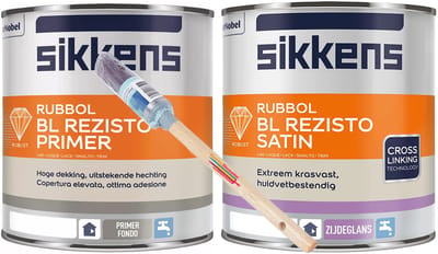 Sikkens (voor binnen) Rubol BL Rezisto primer wit 1L + sikkens rubbol bl rezisto satin RAL9016 1L + GRATIS KwastenDiscounter professionele verfkwast