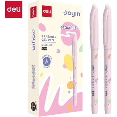 Deli uitwisbare gelpen, kantoor- en schoolbenodigdheden, 0,5 mm naaldpunt, zwart, verpakking van 12