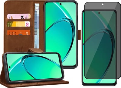 Hoesje geschikt voor Oppo A40 / A40m / A60 - Privacy Screenprotector Volledig Dekkend Glas - Portemonnee Book Case Bruin