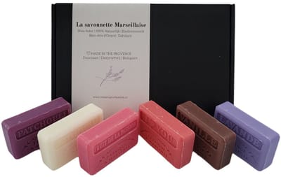 Soap bar set savon de marseille Patchouli, I love you, Fruit de la passion, Chevrefeuille, Vanille, Lavendel - Valentijn cadeau set - Moederdag - moederdag geschenkset 6x125 gr. -