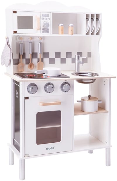 Woet® Houten Speelgoed Kinderkeuken - Speelkeukentje met Kookplaat met Licht en Geluid - Speelkeuken Wit met Diverse Accessoires - Werkbladhoogte 55 cm - Rollenspel - Vanaf 3 Jaar