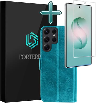 Hoesje Met Screenprotector - Geschikt voor Samsung Galaxy S26 Ultra - Luxe Pasjeshouder - Flipcase - Bookcase Portemonee - Flip Case - Kunstleer Book Case - Book Cover - Walletcase - Portemonneehoes - Turquoise
