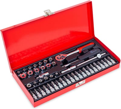 Doppenset 45-delig 1/4″ – Ratel, T-schuif, Cardan & Verlengstukken | Inclusief Torx, Inbus, Kruiskop & Platte Doppen – Stevige Metalen Box – Compleet & Duurzaam