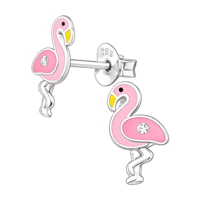 Zilveren Flamingo Oorstekers met Kristal – Kinderoorbellen Roze Emaille – 925 Sterling Zilver