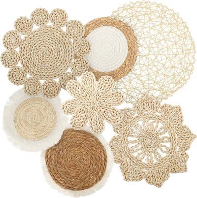 7 Stuks Boho-Wandmanden, Rotan Wanddecoratie in Boho-Stijl, Gevlochten Wandmanden, Ronde Handgemaakte Wandkunst voor Woonkamer, Slaapkamer, Tafeldecoratie en Interieurstyling