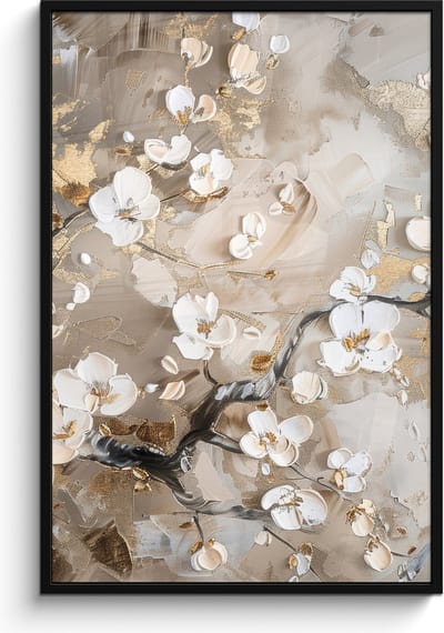 Poster in lijst - Fotolijst 80x120 cm - Posters - Bloemen - Wit - Goud - Beige - Luxe - Posterlijst zwart - Decoratie - Wanddecoratie woonkamer - Muurdecoratie slaapkamer