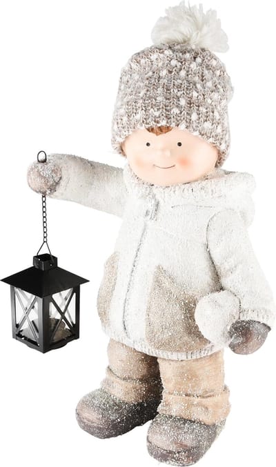 Dekoratief | Winterjongen m/lantaarn, wit/bruin, magnesium, 27x21x40cm | A235930