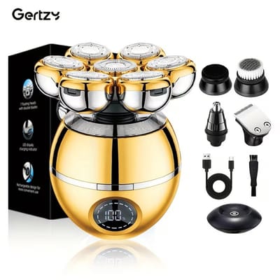 6in1 Gertzy Head Shaver - Digitale Skullshaver set - Usb Oplaadbare Baardtrimmer + Head shaver + Oor/Neustrimmer + Precisietrimmer + Borstel + Magnetische Oplaadstation - Digitale Batterij Indicator - Kleur: Goud