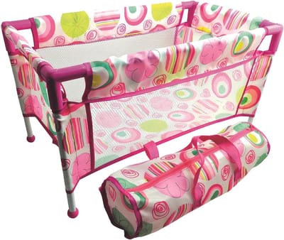 Opvouwbaar poppenbed - Reisbed poppen - Poppen verzorgen - Inclusief draagtas - 52 x 32 x 31 cm - Roze patronen