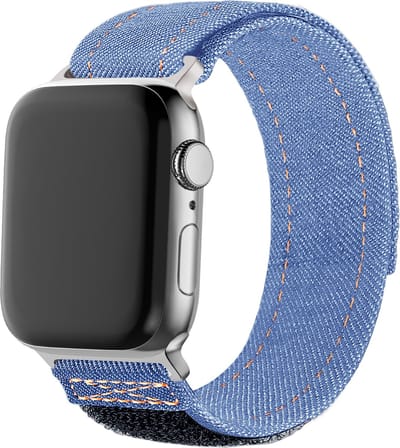 Bandz Nylon 'Denim' bandje met klittenbandsluiting - geschikt voor Apple WatchSeries 1/2/3/4/5/6/7/8/9/10/11/SE/SE2/SE3/Ultra (2/3) - maat: 44mm / 45mm / 46mm / 49mm (lichtblauw)