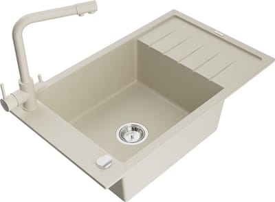 Mexen Elias granieten spoelbak met 1 bak en afdruiprek en keukenmengkraan Duero, beige - 6511-69-671600-69
