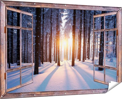 Gards Tuinposter Doorkijk Bos met Sneeuw tijdens de Zonsondergang - 180x120 cm - Tuindoek - Tuindecoratie - Wanddecoratie buiten - Tuinschilderij