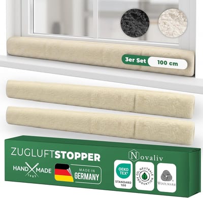 Tochtstrip voor ramen, 100 cm, natuurlijke scheerwol  houdt tocht en kou tegen, dempt geluid/stof/licht, antislip, geen boren nodig; voor vensterbanken/kozijnen, dicht kieren af, binnen, set van 3