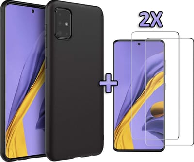 HB Hoesje Geschikt voor Samsung Galaxy A51 - Siliconen Back Cover + 2X Glazen Screenprotector - Zwart