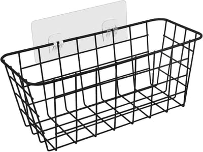 Opbergmand zonder boren voor Badkamer, Keuken en Slaapkamer - Metalen Mand met Zelfklevende Haken, Zwart, 27,3 x 12,2 x 11,8 cm
