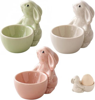 eierdopjes, haas, set van 3 of enkel, paaseihouder van porselein voor ontbijt en paasdecoratie, konijnenfiguur in groen, roze, wit, schattige tafeldecoratie (groen, roze, wit, set