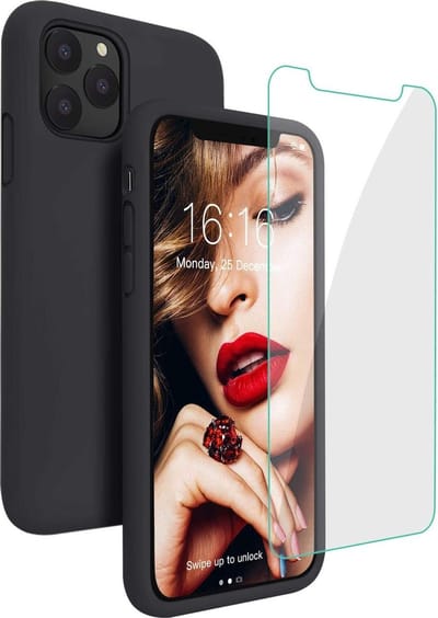 Siliconen Hoesje Backcover Zwart + Tempered Glas Geschikt voor: iPhone 12