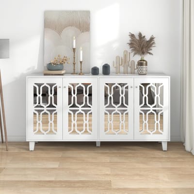 Buffetkast Wit Spiegeld - Luxe Dressoir met Kristallen Grepen en 4 Deuren - Woonkamer en Eetkamer - 160 cm