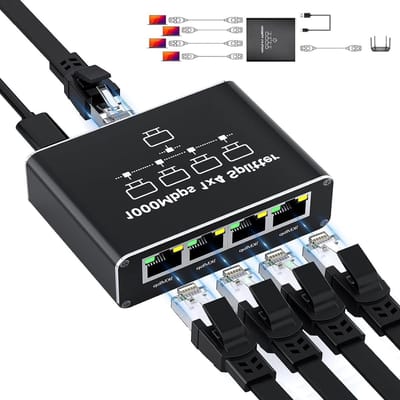 Ethernet Splitter - LAN Splitter RJ45 - Netwerkpoorten Uitbreiden - 1000Mbps Gigabit Snelheid - 1 naar 4 Poorten - Zwart