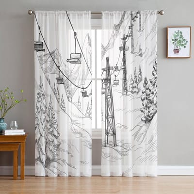 Witte Sneeuw Kabelbaan Ski Berg Schets Transparante Gordijnen voor Woonkamer Decoratie Raamgordijnen Keuken Tule Voile Gordijnen W135 x H160cm x1
