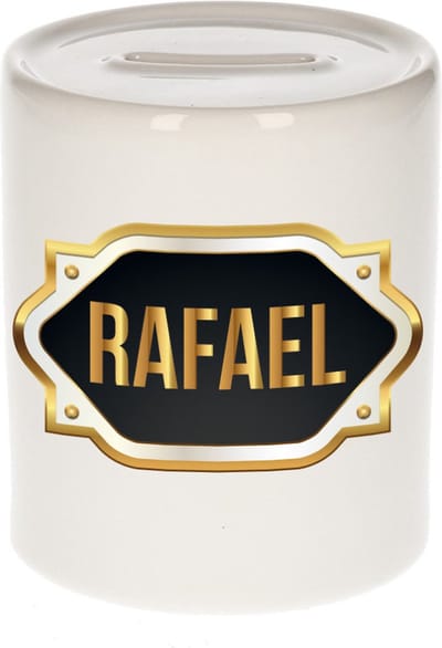 Spaarpot met voornaam Rafael - wit - met goud/zwart embleem - 8 x 9 cm - keramiek - met afsluitdop - cadeau verjaardag