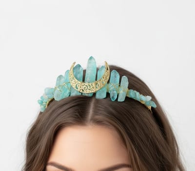 Turquoise kristallen tiara met goudkleurige maan hanger – diadeem voor dames – fantasy hoofdband met edelsteen look en maanmotief – geschikt voor festivals, bruiloften en fotoshoots