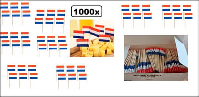 1000x Cocktailprikkers Nederlandse vlag - LET OP: Geleverd in doos van 1000 stuks - Cocktail prikker Holland kaas worst snack tapas hapjes festival EK WK thema feest carnaval koningsdag