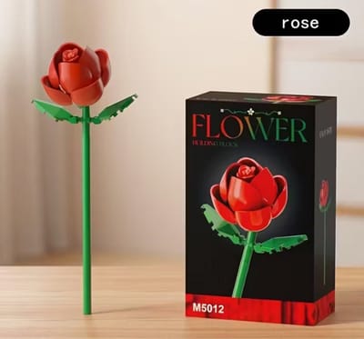 Bouwbloem – Creatieve Bloemdecoratie van Bouwsteentjes – Rode roos - Uniek Cadeau voor Kinderen & Volwassenen