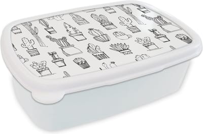 Broodtrommel Wit - Lunchbox - Brooddoos - Cactus - Bloempot - Patronen - 18x12x6 cm - Volwassenen