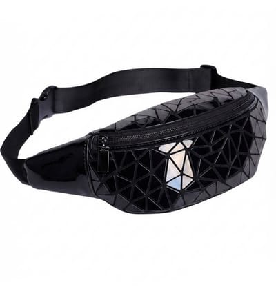 KIMU® Heuptas Zwart Geometrische Lijnen - Zwarte Fanny Pack Tasje - Brons Glitter Lak Hoogglans Heuptasje Antraciet Cyber Festival