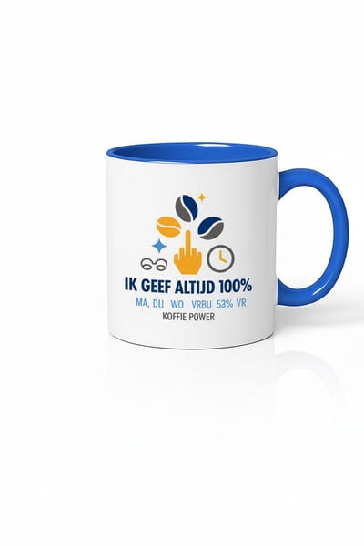 Ik Geef Altijd 100% Koffie Power Mok 330ml – Witte Keramische Koffiemok met Blauwe Oor – Grappige Nederlandse Werk Quote Cadeau